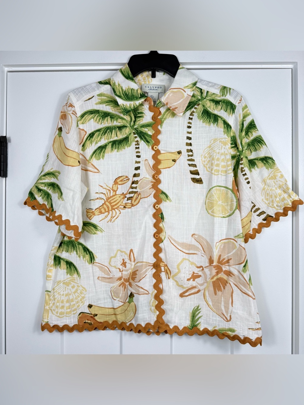 Calypso St Barth Tropical Button Down Shirt Lobster Linen Blend White Women Sm